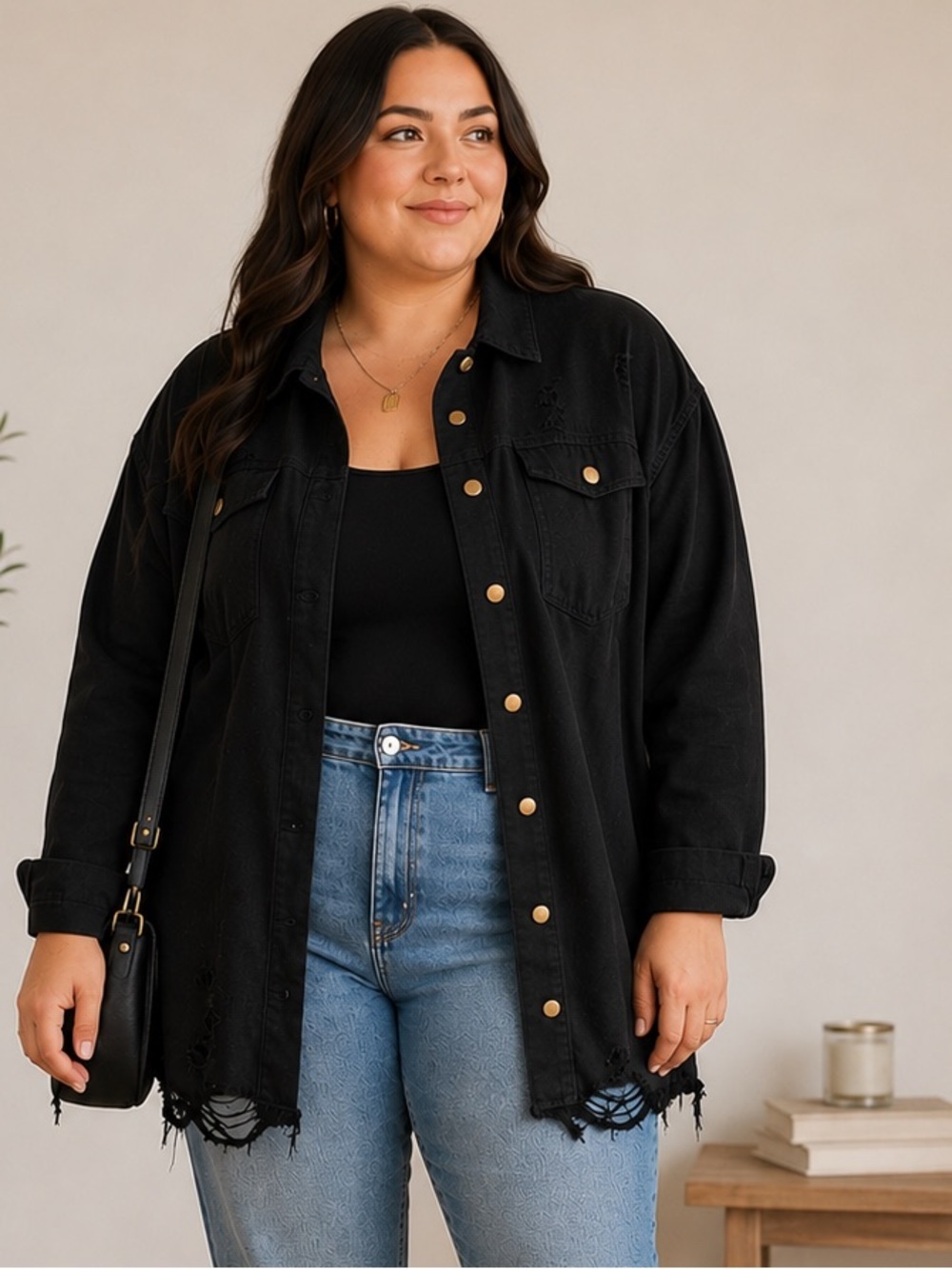 DAVI & DANI Black Distressed Button-Front Denim Shacket